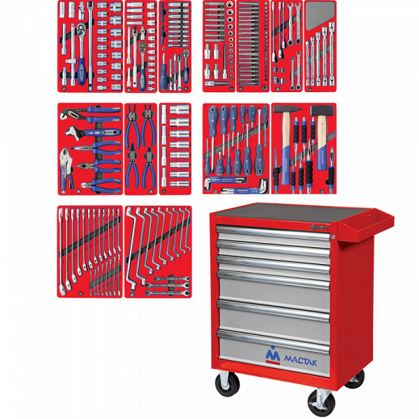 Тележка инструментальная с набором инструментов "ЛИДЕР" 270 предметов МАСТАК 52-06270R