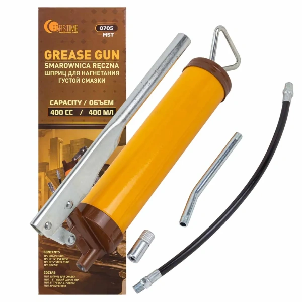 Шприц ручной для нагнетания густой смазки 400мл в комплекте с жестким (длина 155мм) и гибким (длина 310мм) наконечниками