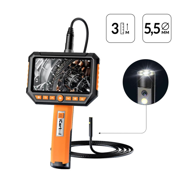 Видеоэндоскоп промышленный iCartool IC-V116B-3 (экран 5", 2 камеры, 2 Мп, 1920х1080, 3 м, 5,5 мм, сменный зонд)