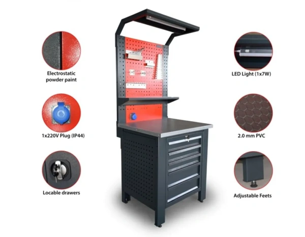 Верстак металический 730х800х2000мм(столешница 690х800мм,перфорация1080х800мм,бок перфорации500х600мм,ящик навес5 полок-1шт)