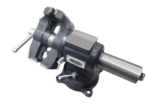 Тиски стальные поворотные в двух плоскостях с наковальней + захват для труб 5''-125мм