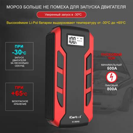 Пусковое устройство 12В, 12 000 мАч, 500/800А iCartool IC-JSD12