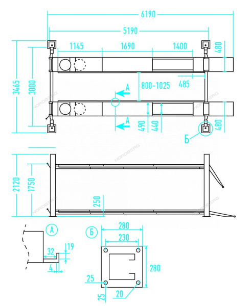Подъемник 4х-стоечный 5т 380В серый/синий NORDBERG 4450 для сход-развала c ручной траверсой 3т