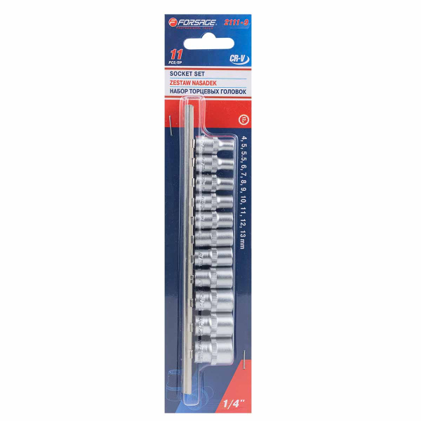Набор головок 11пр. 1/4'' (12гр.)(4-13мм) на планке