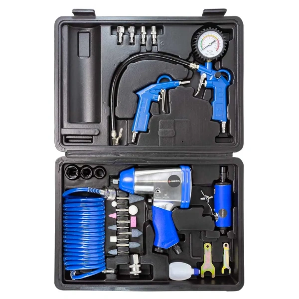 Набор инструментов пневматических с аксессуарами 15пр(гайковерт-320н/м,пневмозач.машинка-цанга 6мм,25000об/мин,подкачка,продувоч.пистолет,шланг5м)