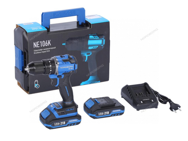 Шуруповерт аккумуляторный NORDBERG NE106K (макс.диам. сверла 13 мм, 21 В, 70 Нм, 2 аккумулятора и зарядное устройство)