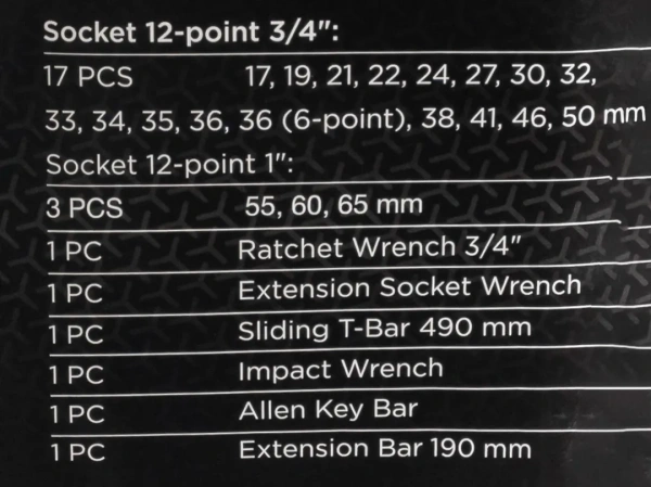 Набор инструментов ударных 26пр, 3/4''1''(12гр.) (17,19,22,24,27,30,32,33,34,35,36,36-6гр,38,41,46,50мм,1'':55,60,65мм)