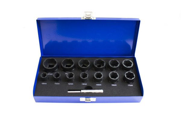 Набор головок-экстракторов для поврежденных болтов/гаек,14пр.(3/8'':10,11,12,13,14,16,17,18,19мм 1/2'': 21,22,24,27мм )