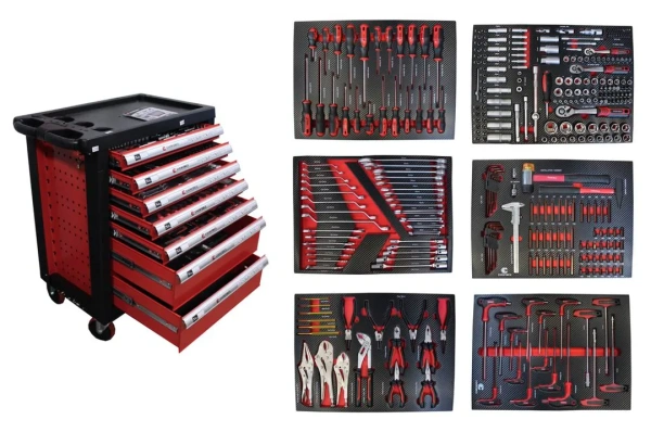 Тележка инструментальная 7-и полочная(красная) с набором инструментов 335(333) пластиковой защитой корпуса + 2 боковых перфорации970х770х460мм