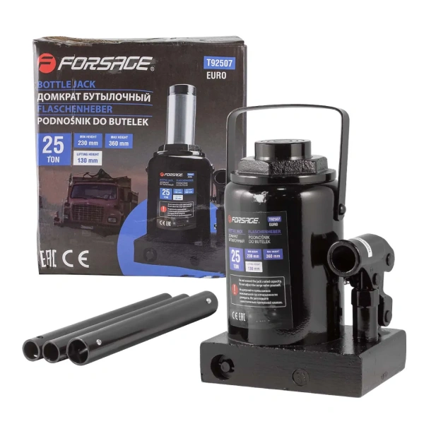 Домкрат бутылочный 25т низкопрофильный (высота подхвата - 230мм, высота подъема - 360мм, ход штока - 135мм)