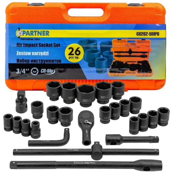 Набор инструментов ударных 26пр, 3/4''1''(6гр.) (17,19,22,24,27,30,32,33,34,35,36,36-12гр,38,41,46,50мм,1'':55,60,65мм) в пласт.кейсе