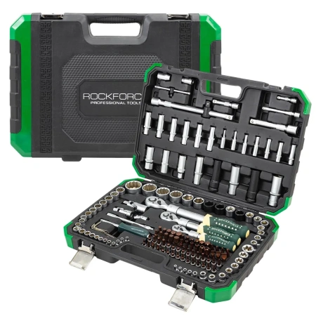 Набор инструментов 150+6пр.1/4''3/8''1/2''(6-гр.)(4-36мм, 3/8'':10-19мм 12гр., 1/2'':27,30,32,36-12гр.)+(биты 5/16'':М6,8,10,12,14, гибкий удлинитель 1/4'')