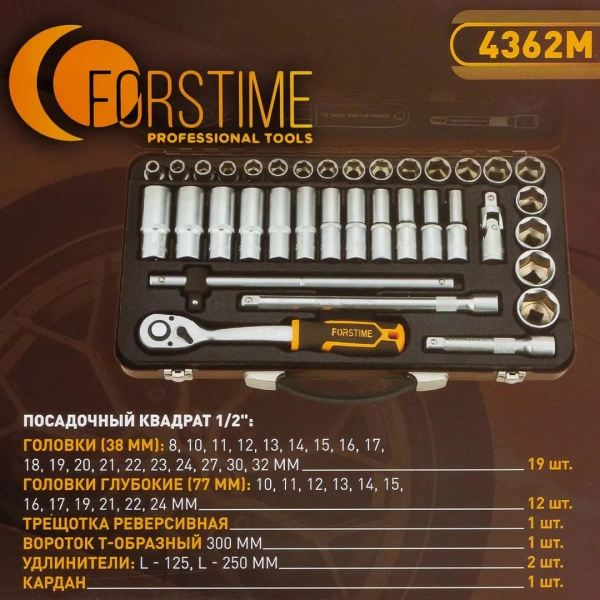 Набор инструментов 36пр. 1/2''(6гр.) (8-32мм, Cr-V), в металлическом кейсе