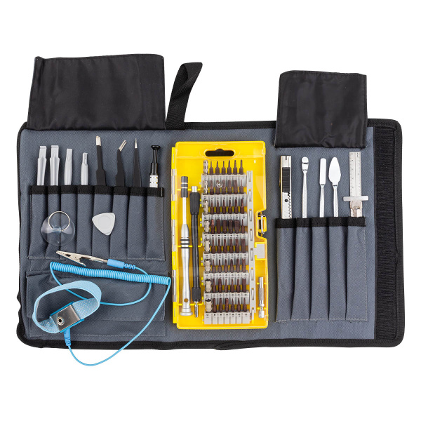 Набор инструментов для точных работ,73пр(пинцеты, лопатки, линейка150мм, нож канцелярский, захват, биты Т,ТН,Н,SL,PH,TS, спец. биты,головки)на полотне