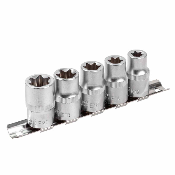 Набор головок Е-профиль 5пр. 1/2''(E12,E14,E16,E18,E20), на планке