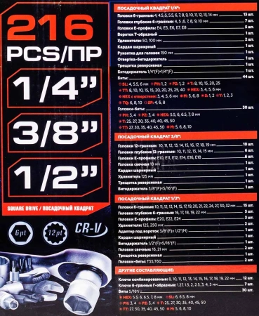 Набор инструментов 216пр. 1/4''3/8''1/2''(6гр, 12гр)