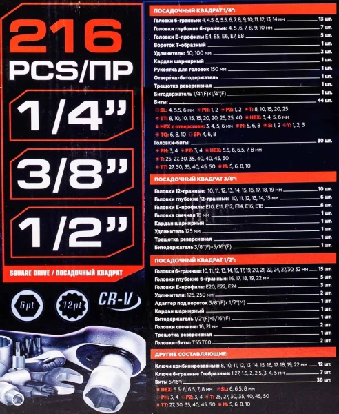 Набор инструментов 216пр. 1/4''3/8''1/2''(6гр, 12гр)(4-32мм)
