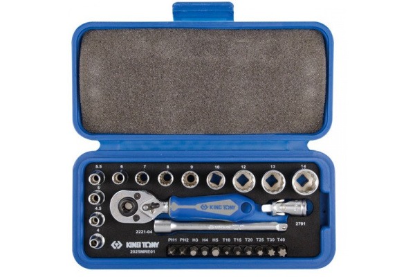 Набор торцевых головок с принадлежностями 1/4", двенадцатигранные, 4-14 мм, 26 предметов KING TONY 2025MRE01