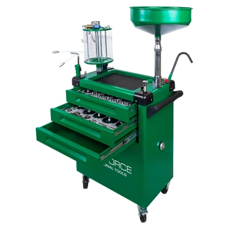 Установка пневматическая для сбора отработанного масла (бак 80л, мерная колба 10л, давление ≤1бар) передвижная с набором спец.инструмента 61пр.