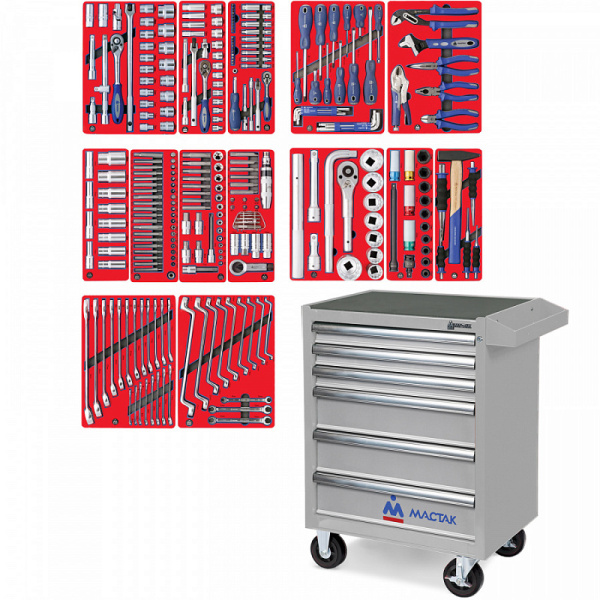 Инструментальная тележка с набором инструментов МАСТАК "ПРОФИ" 52-06299G, 299 предметов