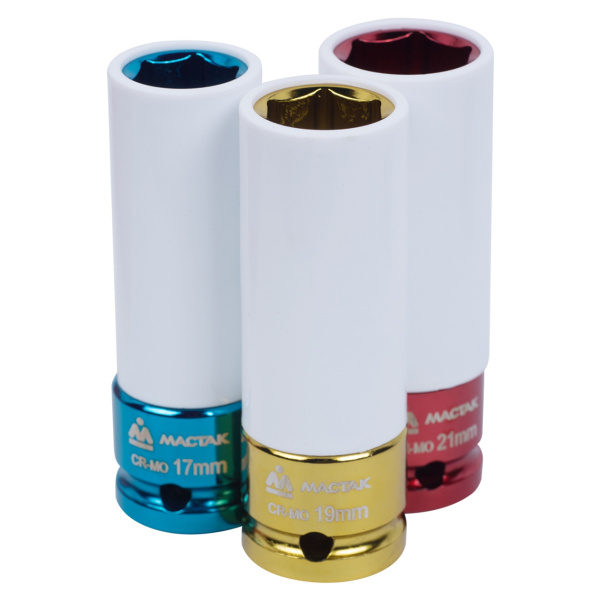 Набор ударных глубоких шестигранных головок 1/2", 17, 19, 21 мм, пластиковое покрытие, кейс,  МАСТАК 006-43C