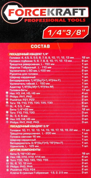 Набор инструментов 94пр. 1/4'', 3/8''(6гр.)