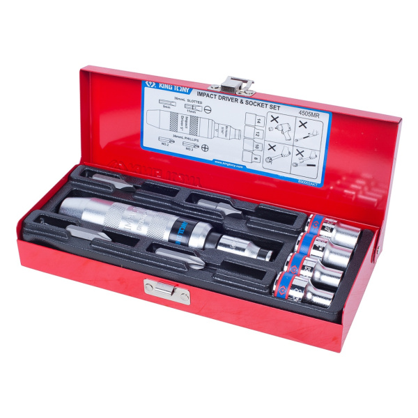 Отвертка ударная с битами и головками KING TONY 4505MR (5/16", 10 предметов)