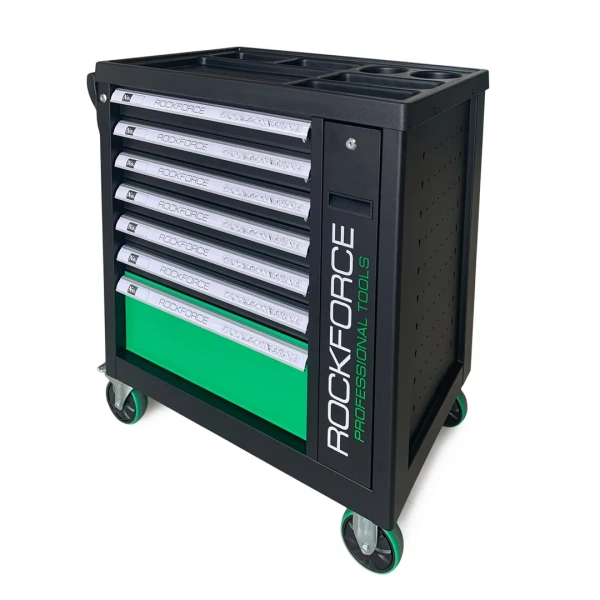 Тележка инструментальная 7-ми полочная (зеленая), с дополнительной боковой секцией, 600х790х970 (полки:65х500х395-6шт,200х500х395мм-1шт)
