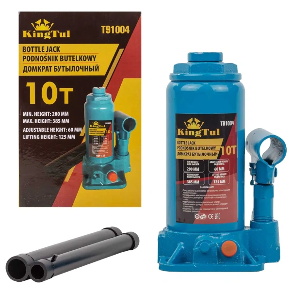 Домкрат бутылочный 10т с клапаном (h min 200мм, h max 385мм, ход штока-125мм, ход винта-60мм)