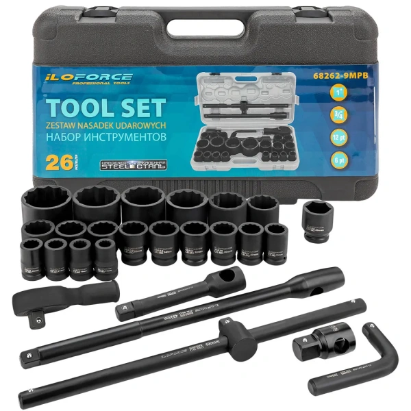 Набор инструментов ударных 26пр, 3/4''1''(12гр.) (17,19,22,24,27,30,32,33,34,35,36,36-6гр,38,41,46,50мм,1'':55,60,65мм)