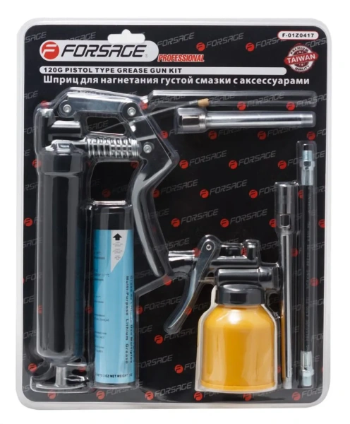 Шприц для нагнетания густой смазки с жестким и гибким наконечниками в комплекте с тубой и масленкой 120гр., в блистере