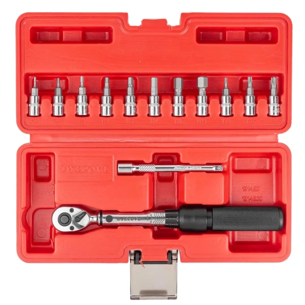 Ключ динамометрический щелчкового типа с быстрой фиксацией 2-22Нм, 1/4''в комплекте с инструментом, в пластиковом кейсе (красный)