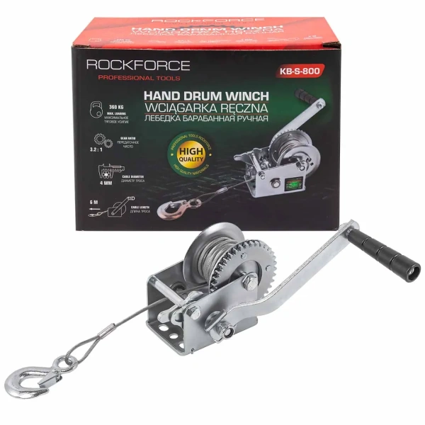Лебедка ручная барабанная, 360кг(стальной трос, диаметр троса-4мм, длина троса-6м )