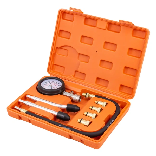 Индикатор компрессии бензинового двигателя 8пр.(0-20Bar, М10х1.0, М12х1.25, М14х1.25, М18х1.5 + 2 жестких прижимных адаптера-переходника),в кейсе