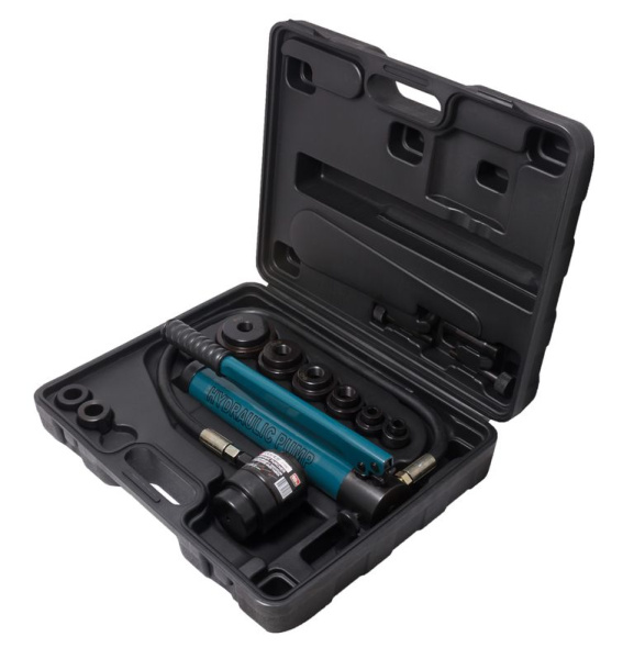 Пробойник гидравлический с насосом 11т (Ø22, 27.5, 34, 43, 49, 60мм, сталь нерж.-1.6мм, медь/алюм.-3.2мм,ход штока-22мм), в кейсе