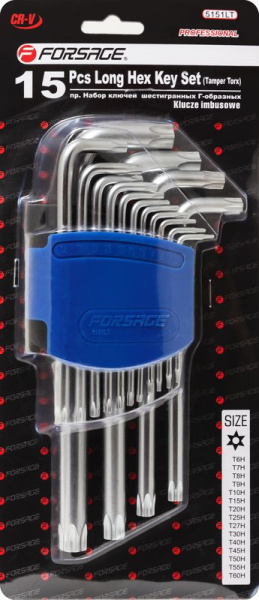 Набор ключей Г-образных TORX длинных, 15пр.(Т6Н, T7H, T8H, T9H, Т10Н, Т15Н, Т20Н, Т25Н, Т27Н, Т30Н, Т40Н, Т45Н, Т50Н, Т55Н, Т60Н с отверстием)