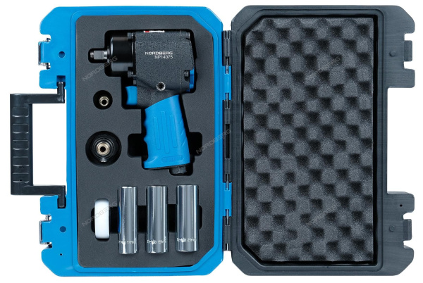 Пневмогайковерт NORDBERG NP14075K ударный укороченный, с 3-мя головками в кейсе,1/2", 680 Нм