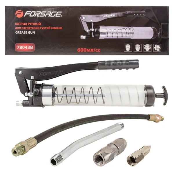 Шприц для нагнетания густой смазки ручной 600мл в комплекте с жестким(L-170мм) и гибким(L-330мм) наконечником (прозрачная колба, 2 штока,''под тубу'')