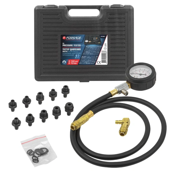 Тестер давления масла в комплекте с резьбовыми переходниками 12пр.(0-10Bar), в кейсе