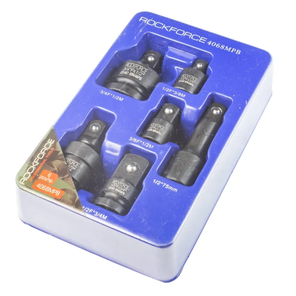 Набор адаптеров ударных 6пр(3/8''(F)x1/2''(M),1/2''(F)x3/8''(M),1/2''(F)x3/4''(M),3/4''(F)x1/2''(M),удлинитель 125мм, кардан 1/2''),в ложементе