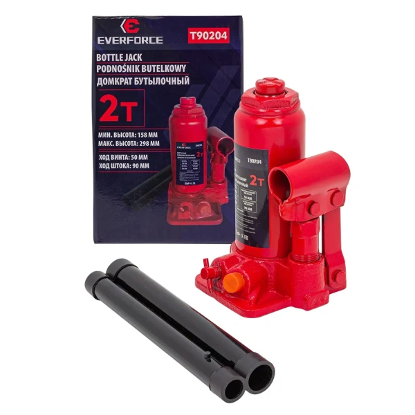 Домкрат бутылочный 2т с клапаном (h min-158мм, h max-298мм, ход штока-90мм, ход винта-50мм)