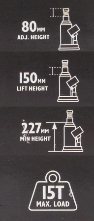 Домкрат бутылочный 15т с клапаном (h min 227мм, h max 458мм, ход штока-150мм, ход винта-80мм)