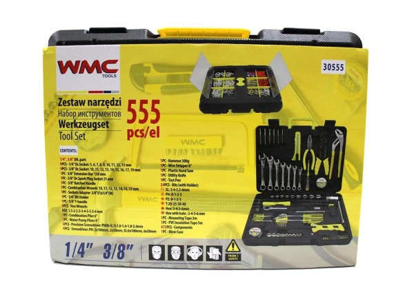 Набор инструментов 555 пр.1/4'' 3/8''(5-19мм, ключи:10-17мм,шарнирно-губцевый инстр.,отвертки,биты,молоток, ключи 6-е Г-обр.-е,расходник)