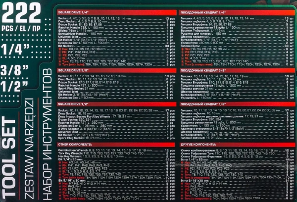 Набор инструментов 222пр. 1/4''3/8''1/2''6гр