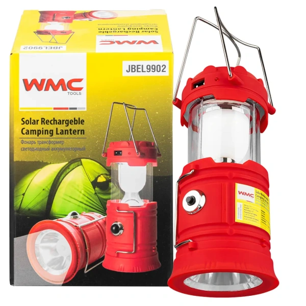 Фонарь-трансформер светодиодный аккумуляторный (торц.свет:1LED/50LUM,бок.свет:6LED/30LUM,заряд:солн.батарея, кабель 220V/USB,t заряд.3-5ч,красный)