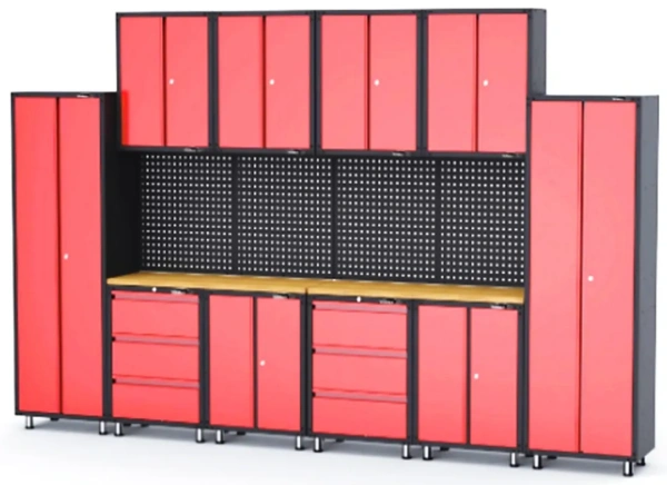 Комплект металлической гаражной мебели 16 пр. 460х2180х4000мм (шкаф навесной двухстворчатый 1 полка: 300х660х760-4шт, шкаф напольный двухстворчатый 3