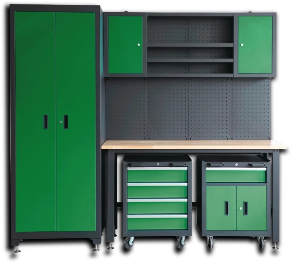 Комплект металл. гаражной мебели 2362x500x2050мм (стол:1600х500х750мм,шкаф:1990х500х762мм,тележка 2шт:658х600х400мм,навесной модуль:1600х600х200мм)