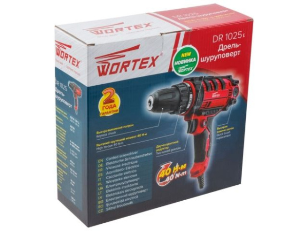Дрель-шуруповерт WORTEX DR 1025 в кор. 300 Вт, 40 Нм, 2 скор., быстрозажимной патрон: 10 мм