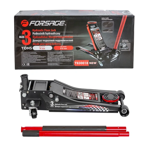 Домкрат подкатной гидравлический 3 т усиленный низкопрофильный с прорезиненной накладкой на рукоятке (2 поршня, резиновая накладка,h min75мм,h max510