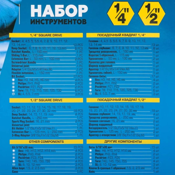 Набор инструментов 94 пр.1/4''&1/2''(6-гран)(4-32мм)